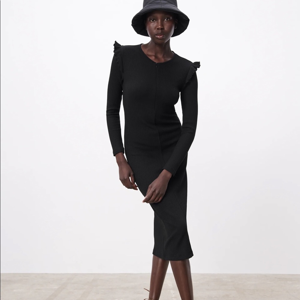 Zara RIBBED MIDI DRESS W/ RUFFLES LONG SLEEVE BANDAGE Black NEW